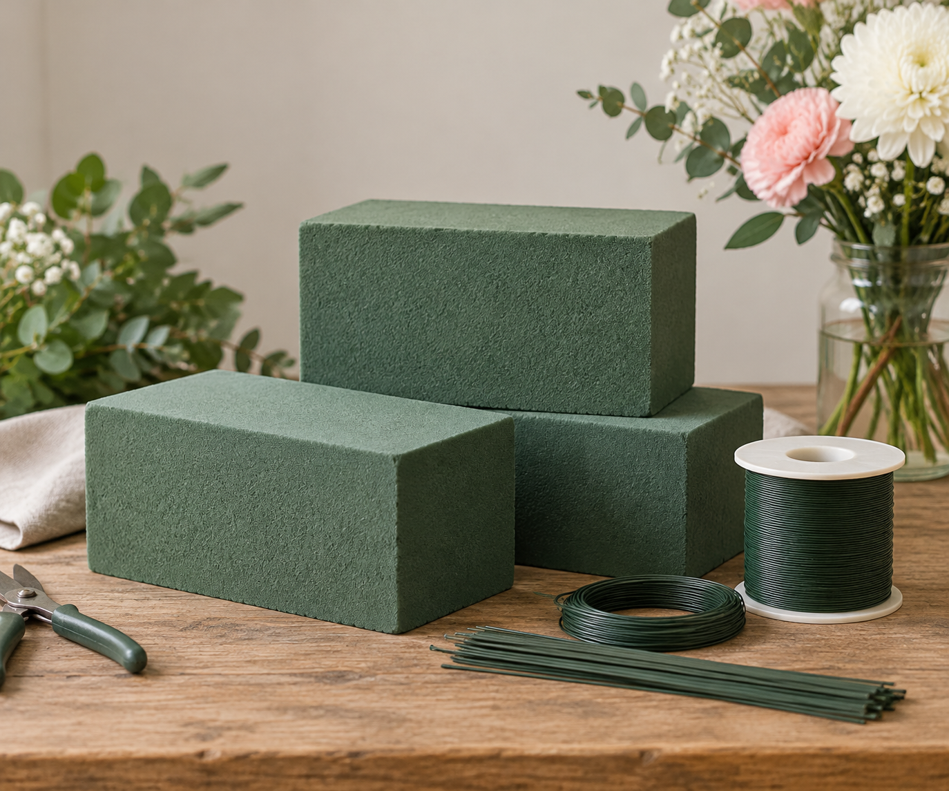 Dark green floral foam bricks with spooled wire, stem wires and pruning shears arranged with greenery on a wooden workbench