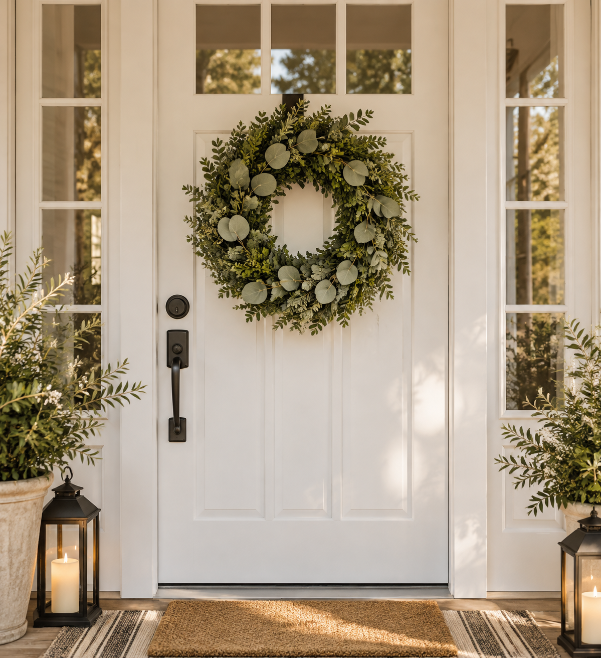 Classic artificial greenery wreath on a white farmhouse front door