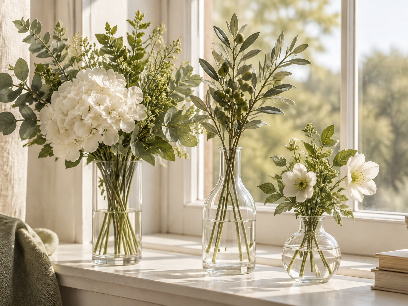 Three clear glass vases of different shapes — cylinder, bottleneck and small bud — holding white and green artificial stems on a sunlit windowsill