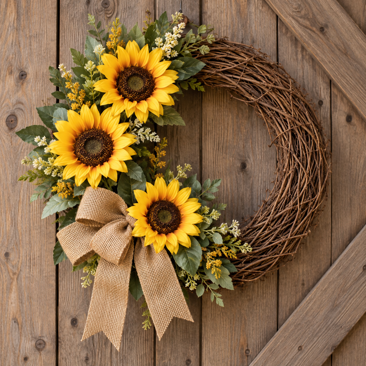 Grapevine wreath base decorated with seasonal florals