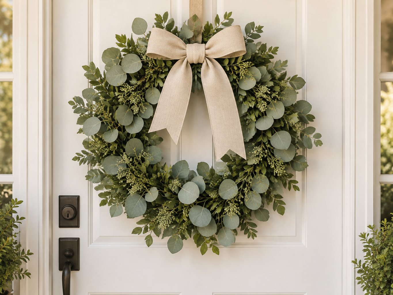 Greenery wreath in dense artificial evergreen on a covered porch door