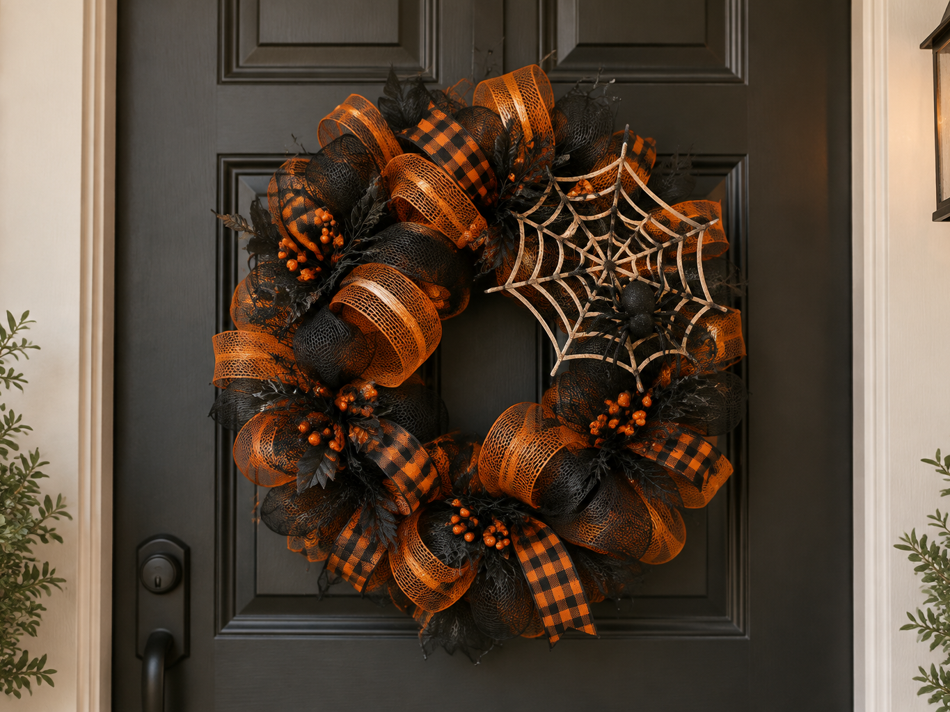 Artificial Halloween wreath with black and orange deco mesh and spider web on a dark front door