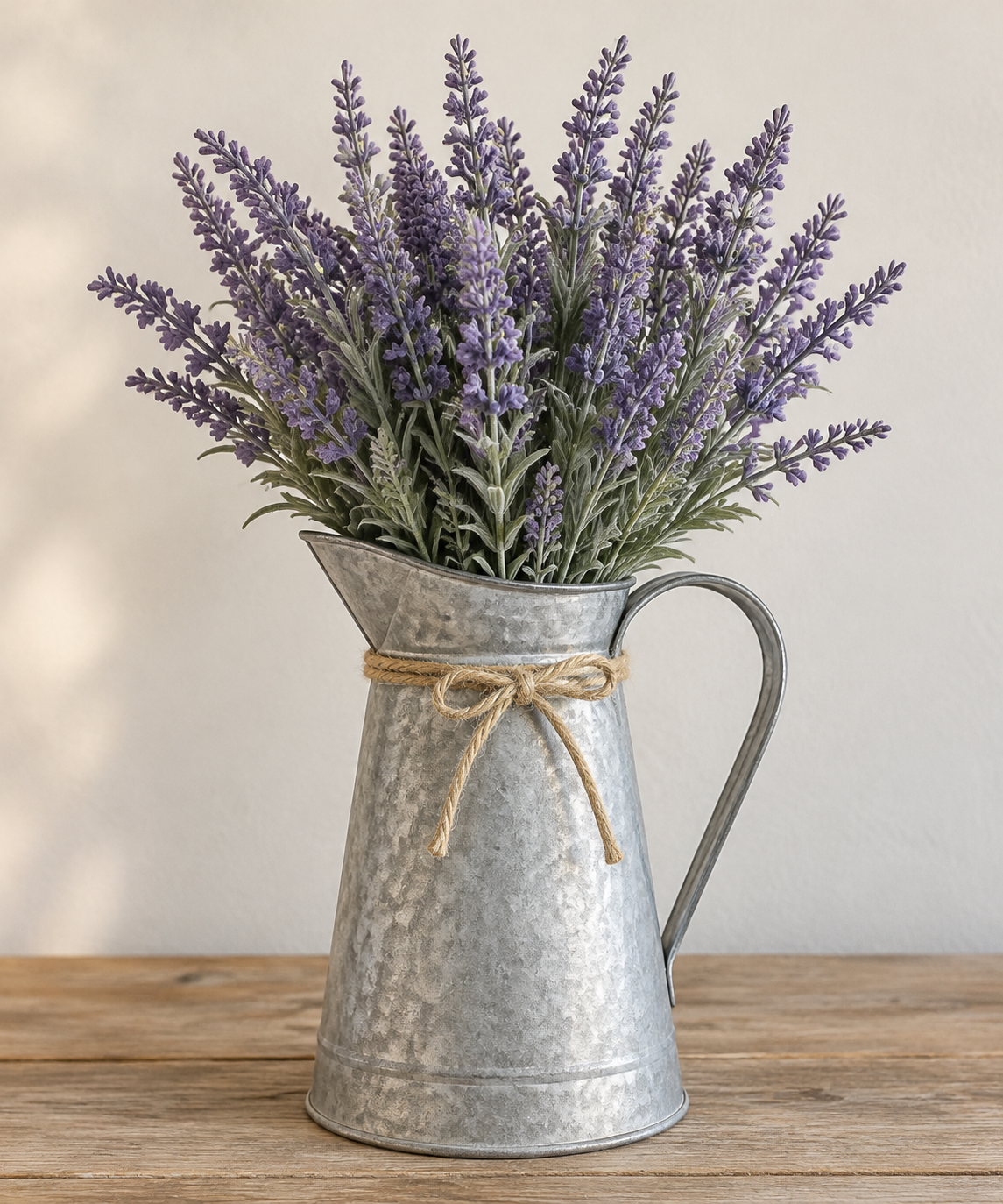 Artificial lavender bunches tied with twine in a galvanized metal pitcher