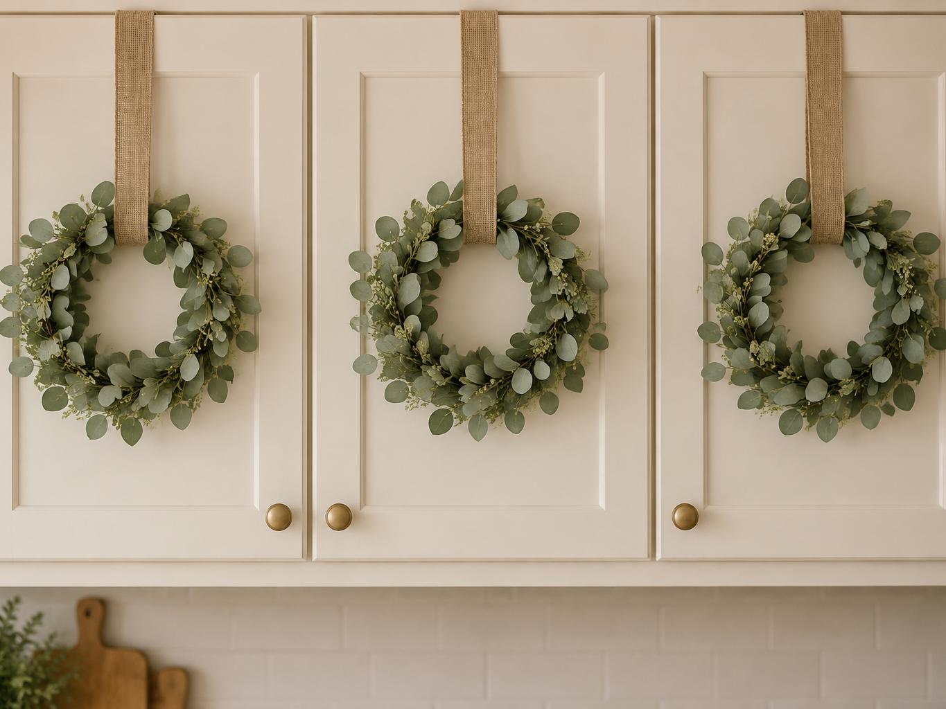 Mini wreaths hung on kitchen cabinet doors