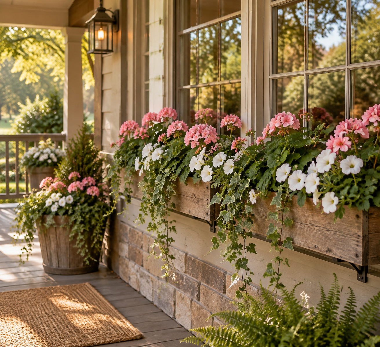 Artificial outdoor flowers in a wooden window box under a porch window