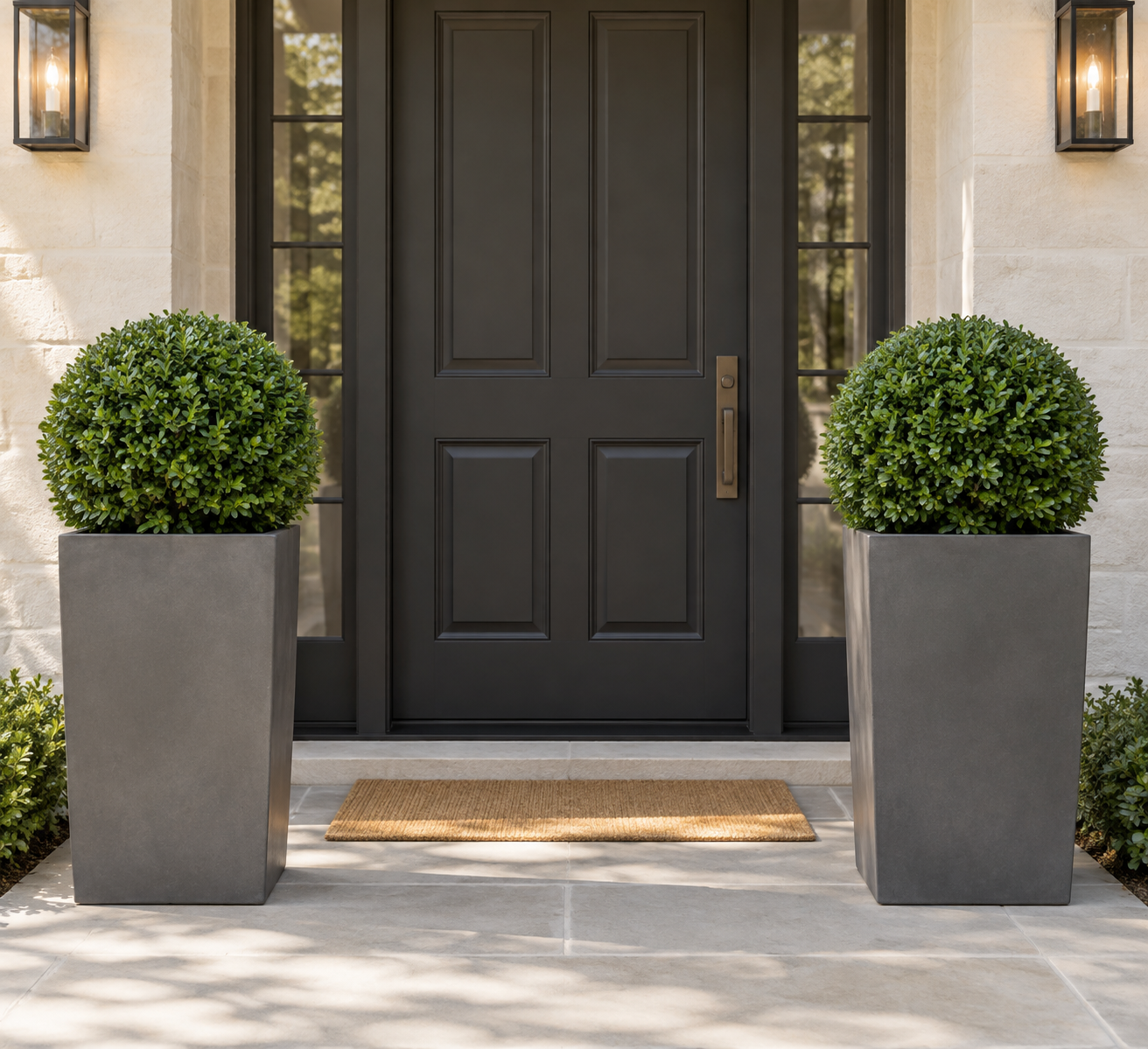 Artificial outdoor boxwood plants in fiberglass planters flanking an entryway