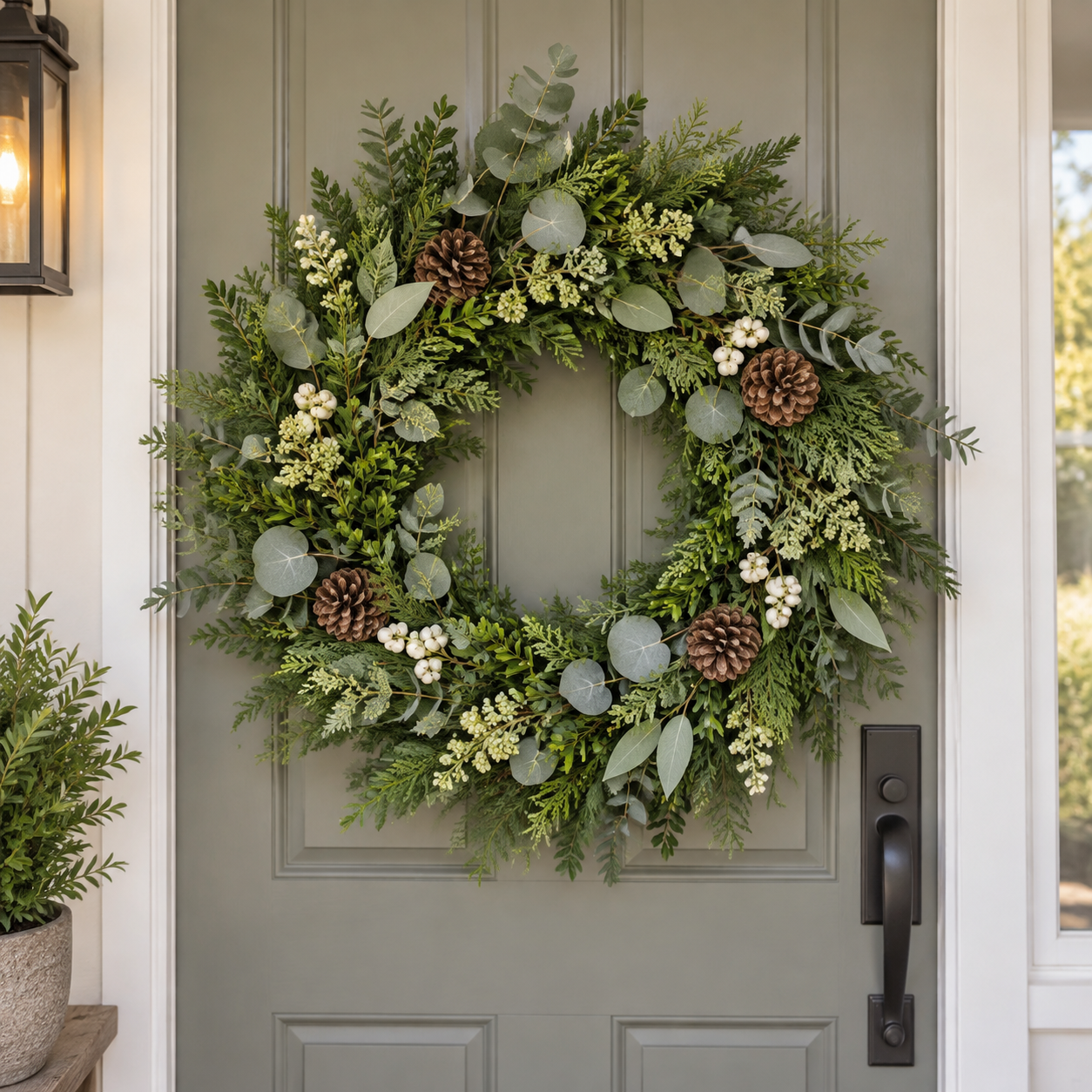 An artificial outdoor greenery wreath with preserved-look accents on a covered porch door