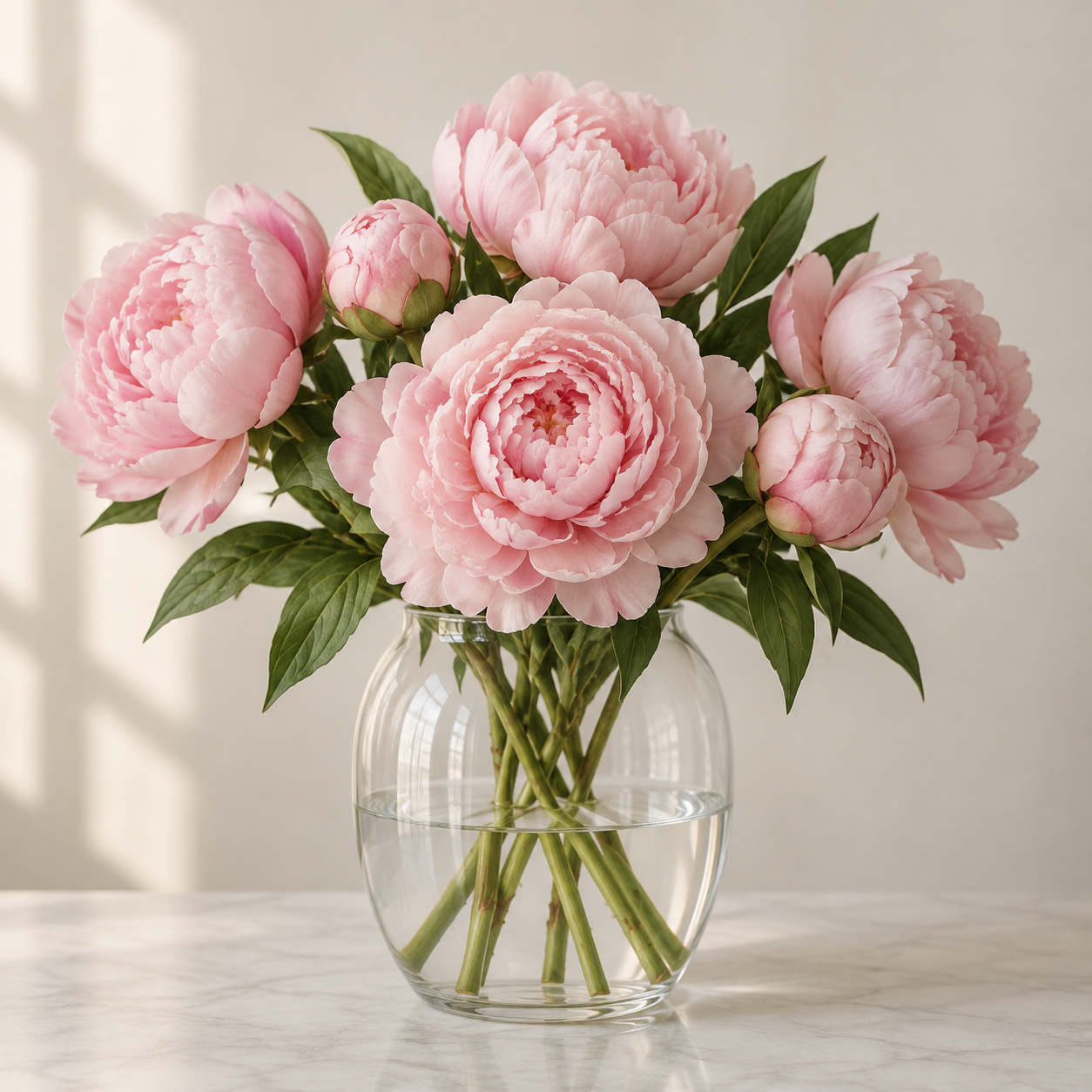 Artificial peony stems in soft pink arranged in a clear glass vase