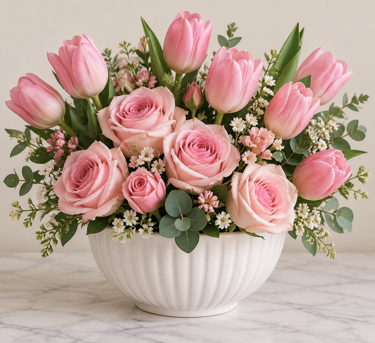 Pink artificial tulips and roses arranged in a white ceramic bowl