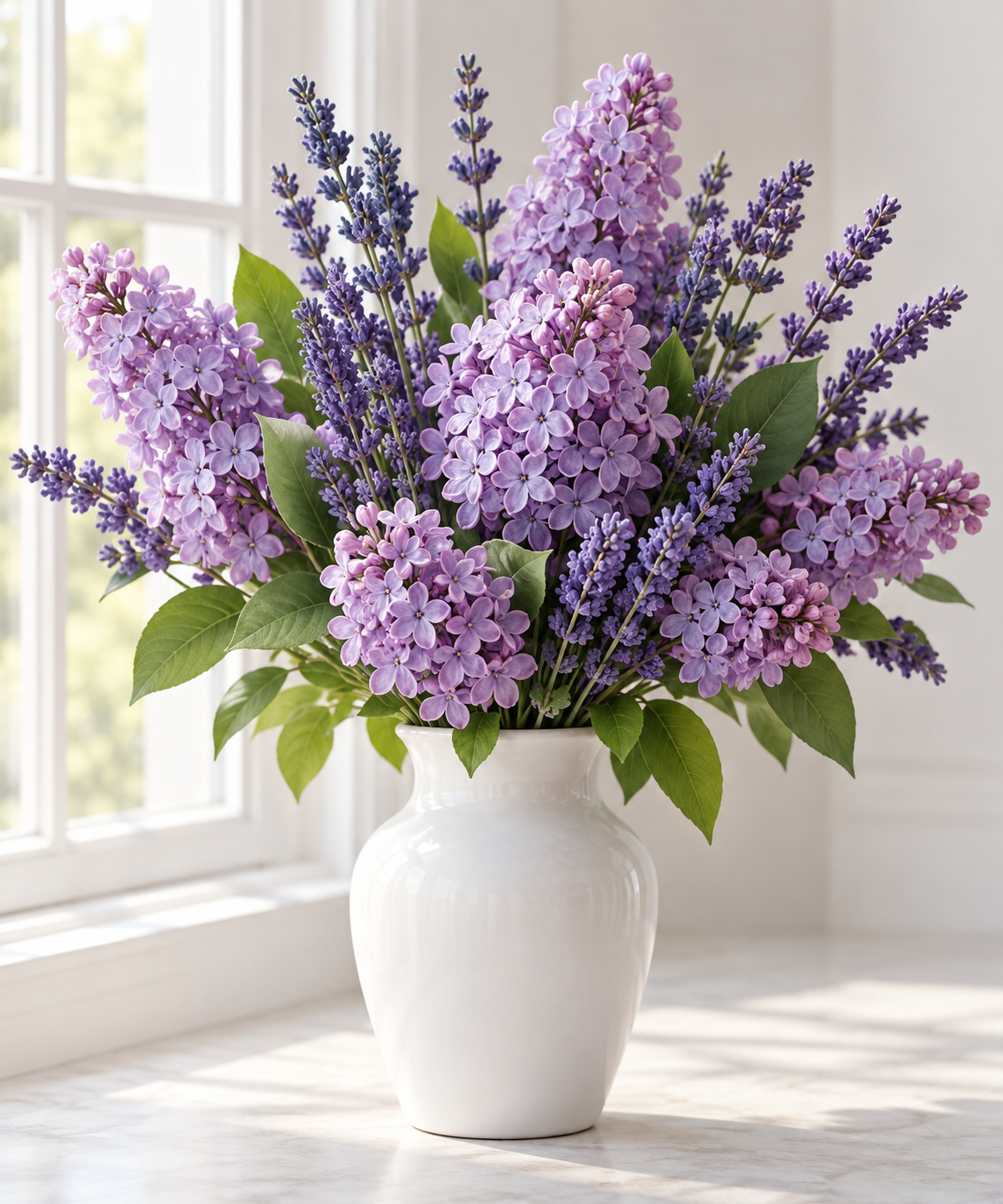 Purple artificial lilacs and lavender in a white vase by a bright window