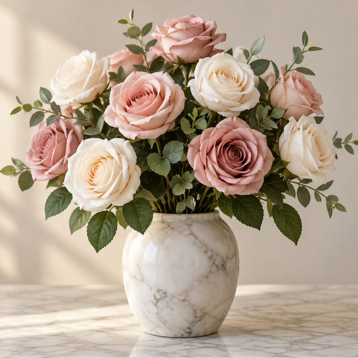 Ivory and blush real-touch roses layered with eucalyptus in a marble-veined vase