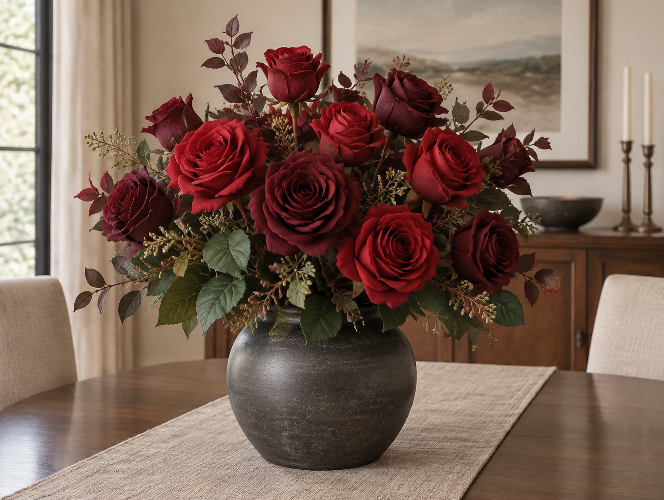 Deep burgundy and red artificial roses arranged as a single statement piece in a weighted charcoal ceramic vase on a dining table