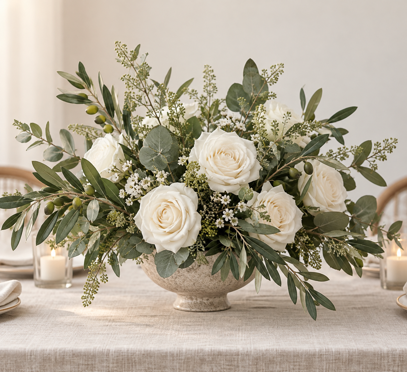 Sage green wedding flowers with eucalyptus, olive and cream blooms