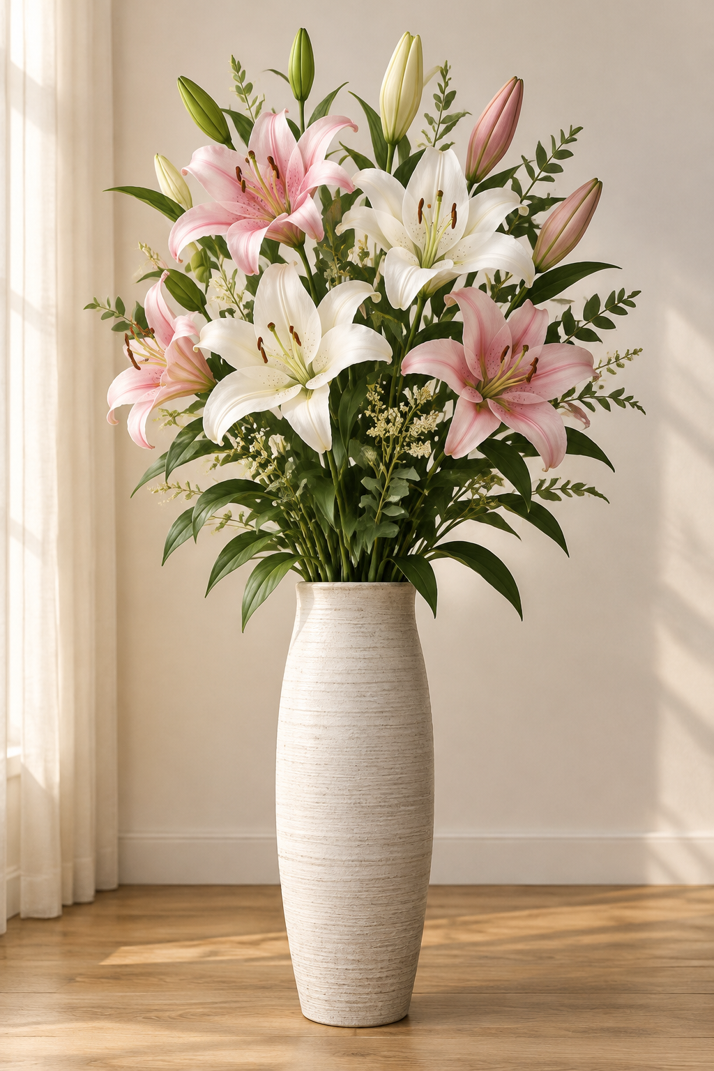 Silk lilies in white and soft pink arranged in a tall floor vase