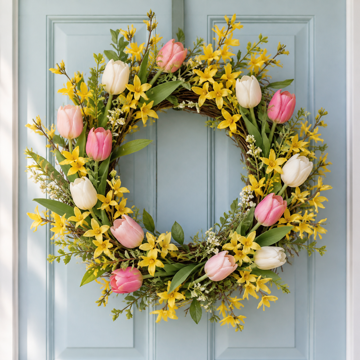 A spring wreath with artificial tulips and forsythia on a light blue door