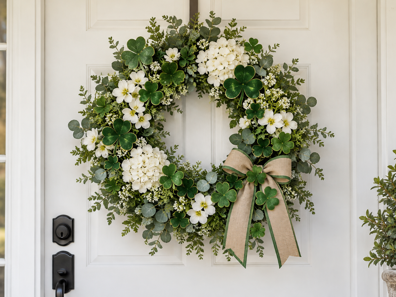 Artificial St. Patrick's Day wreath with green shamrock picks and white blooms on a white front door