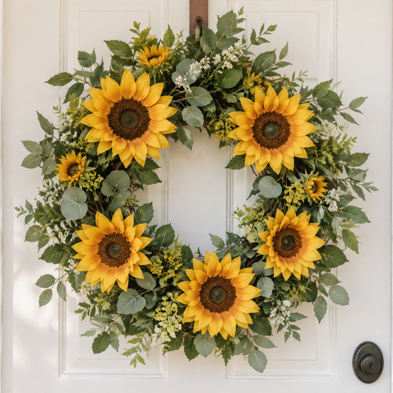 A summer wreath with artificial sunflowers and greenery on a white cottage door