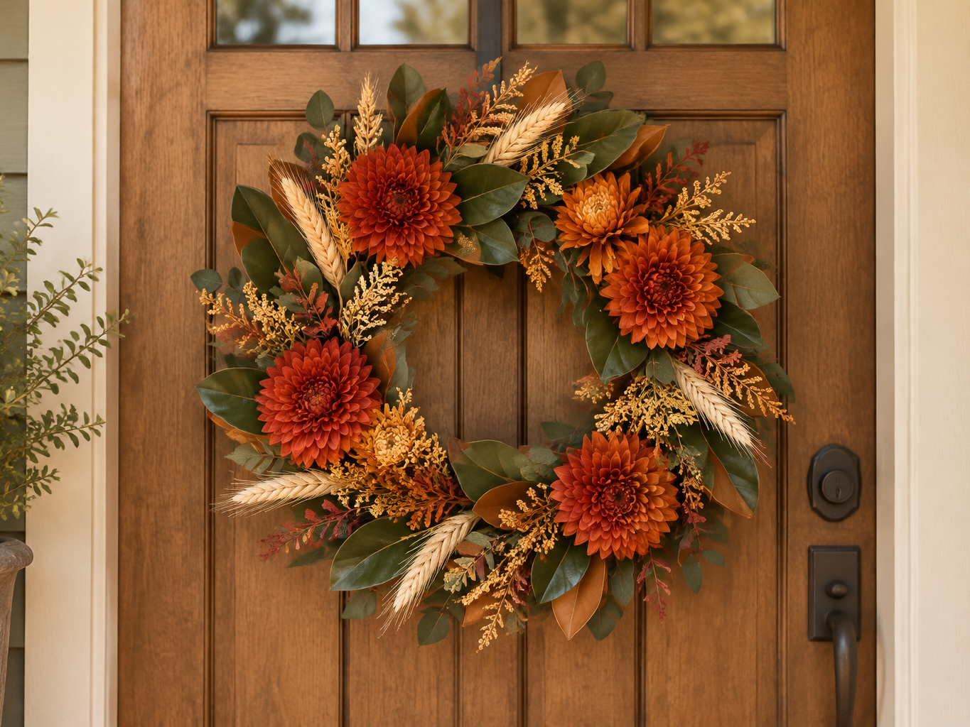 Artificial Thanksgiving wreath with deep orange mums, magnolia leaves and wheat on a wooden front door