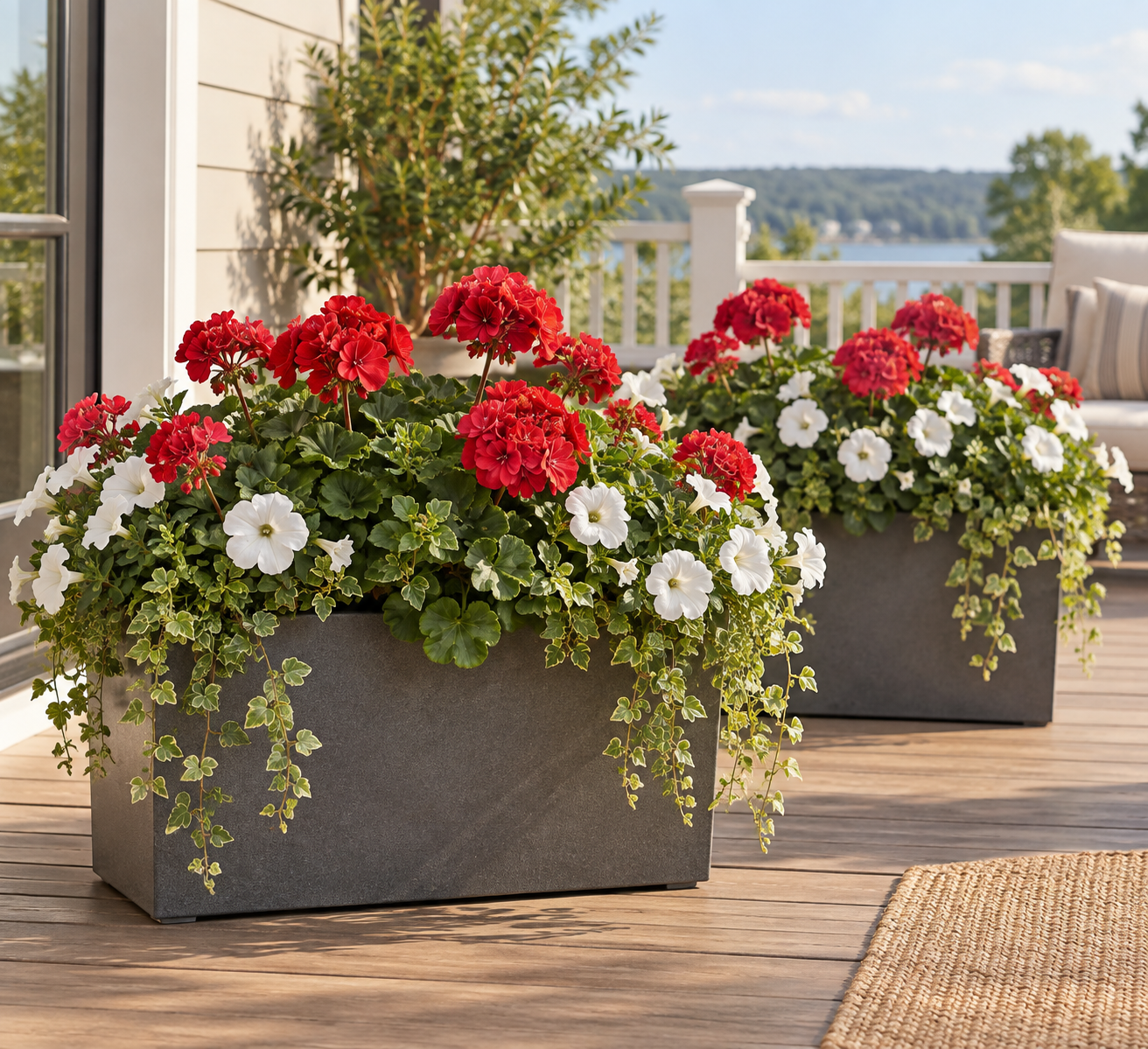 UV resistant artificial geraniums and petunias in planters on a sunny deck