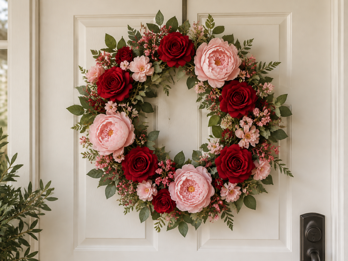 Artificial Valentine's wreath with red roses and pink peonies on a white front door
