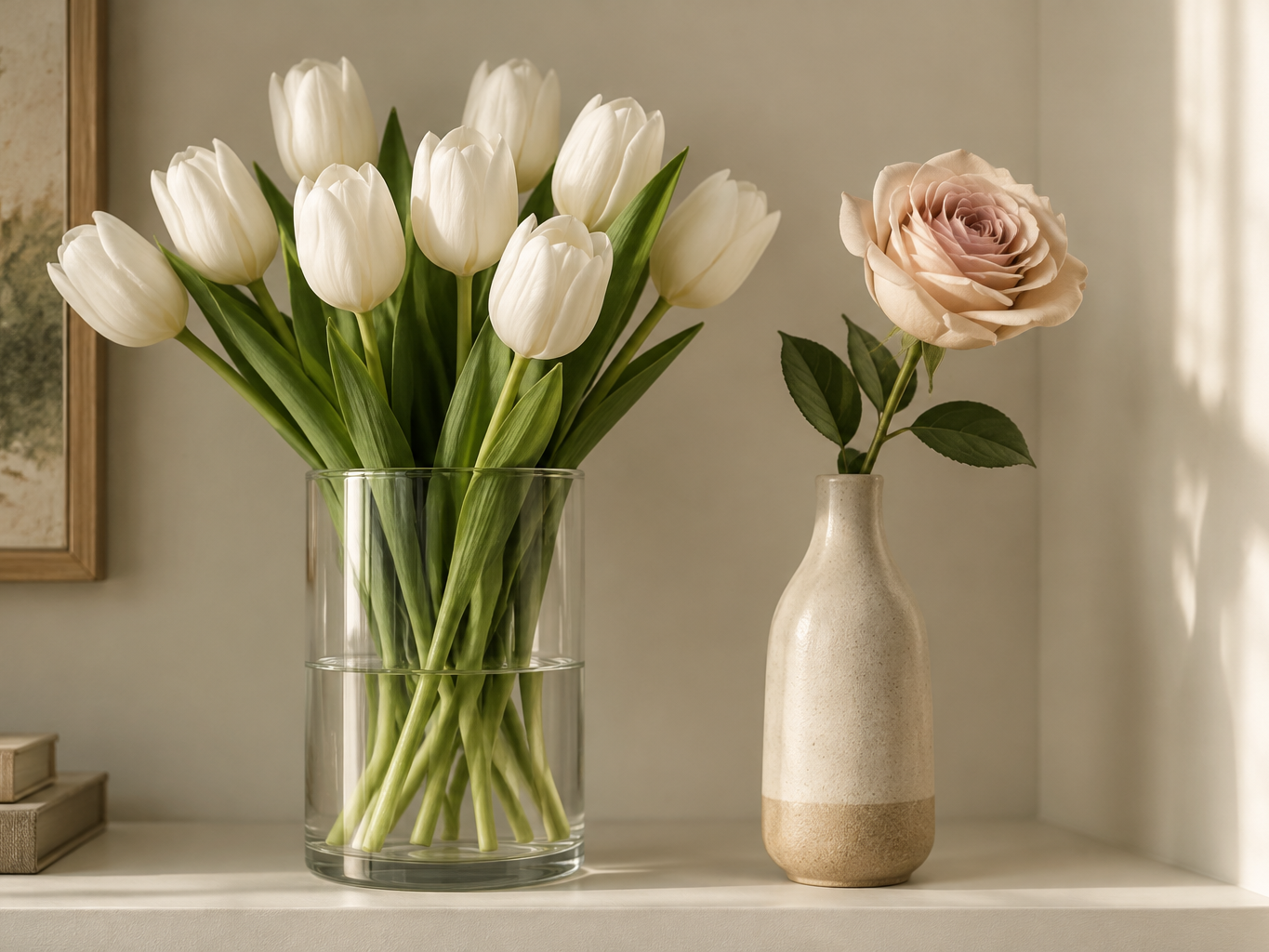 Clear glass cylinder vase with white artificial tulips standing straight beside a narrow ceramic vase holding a single faux rose on a bright shelf