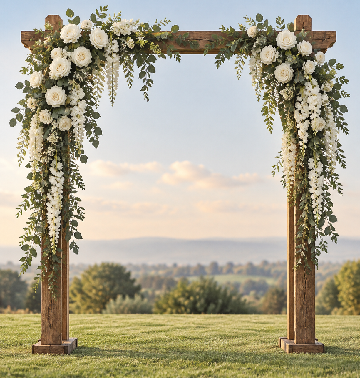 A wooden wedding arch adorned with artificial white roses, wisteria and greenery against a soft sky