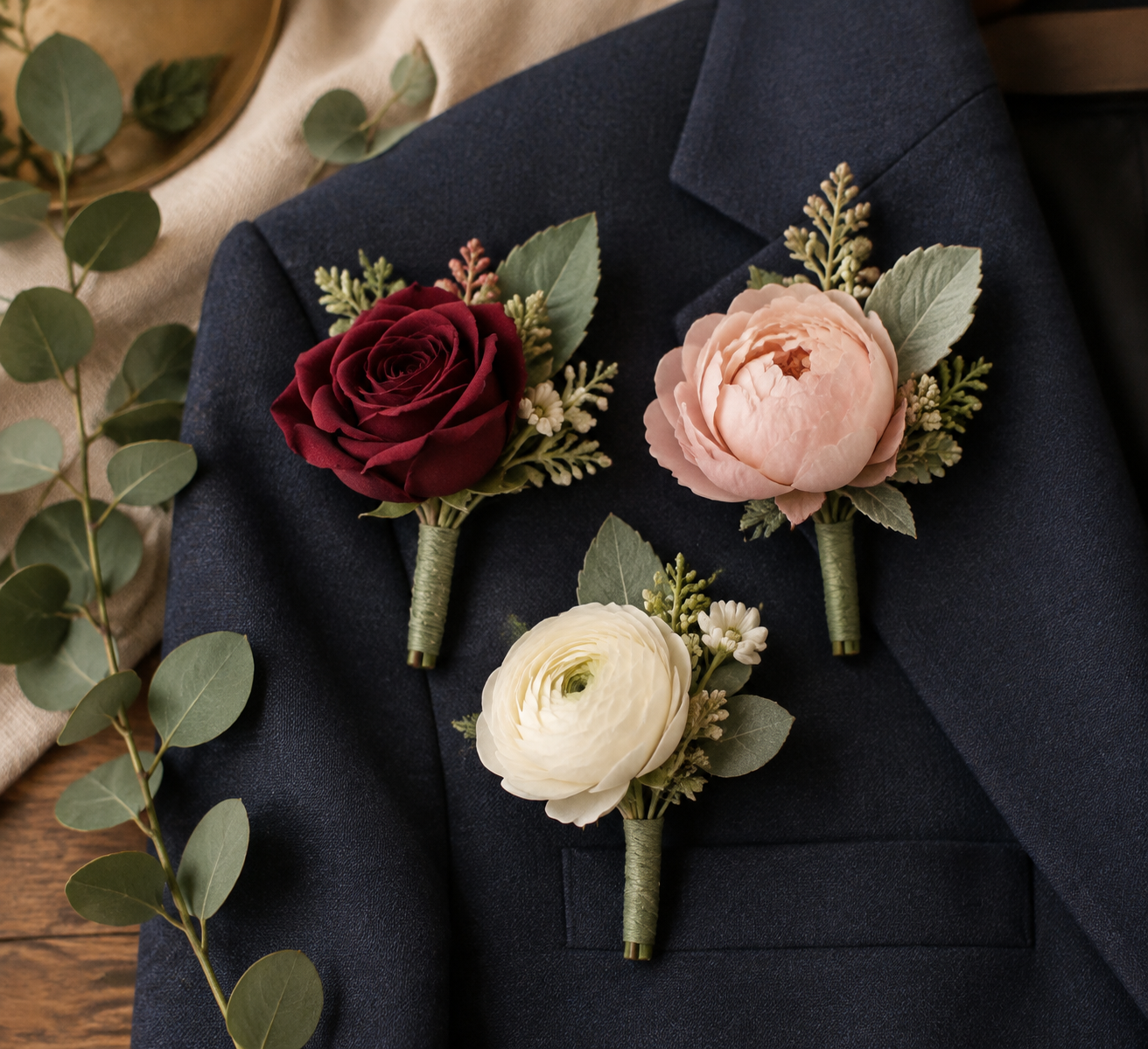 Three artificial wedding boutonnieres arranged on a navy suit jacket