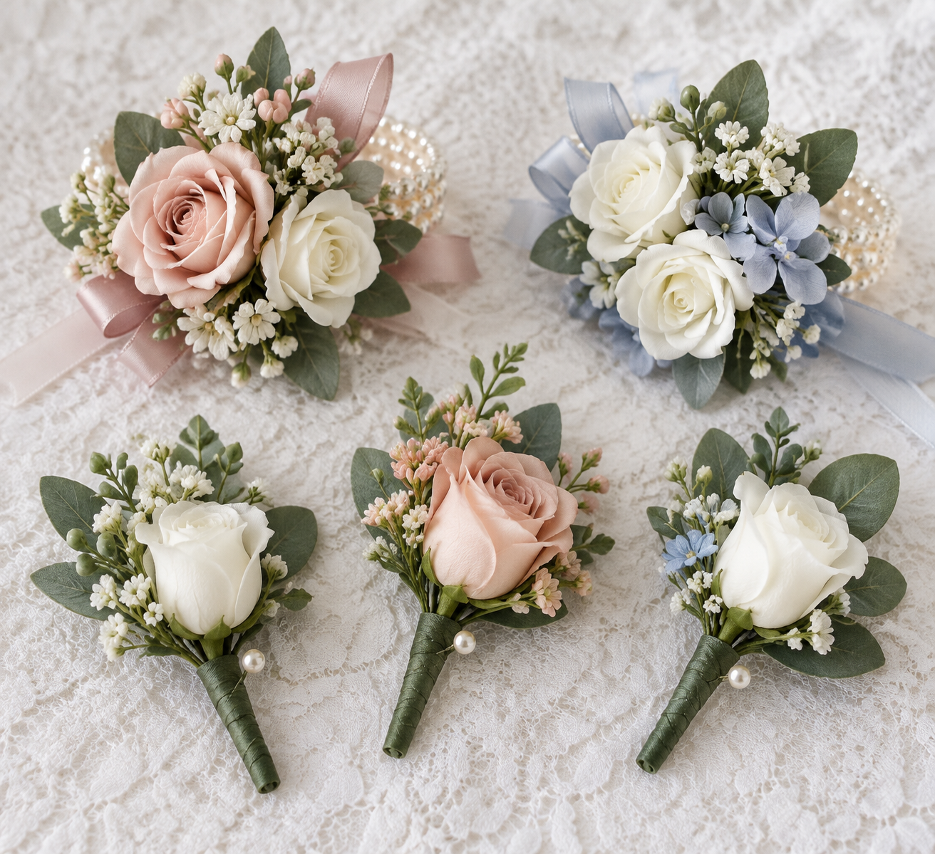 Artificial wedding corsages and boutonnieres arranged on a white lace cloth