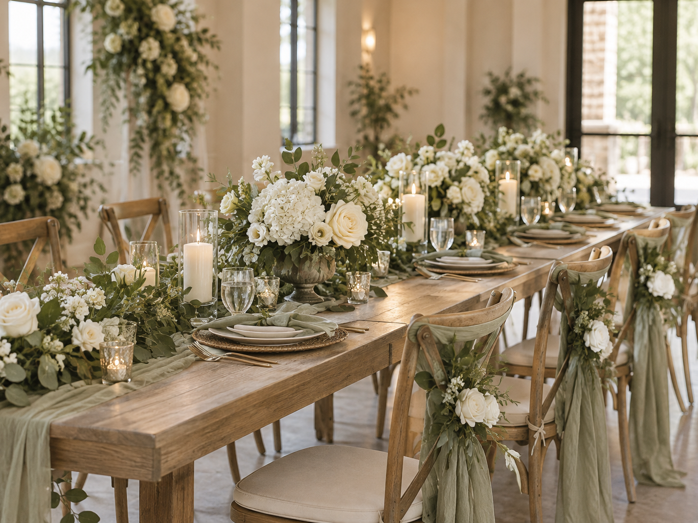 Long banquet table set with white and sage artificial wedding flower centerpieces, garland runner and chairs with boutonniere-style ties in a bright empty venue
