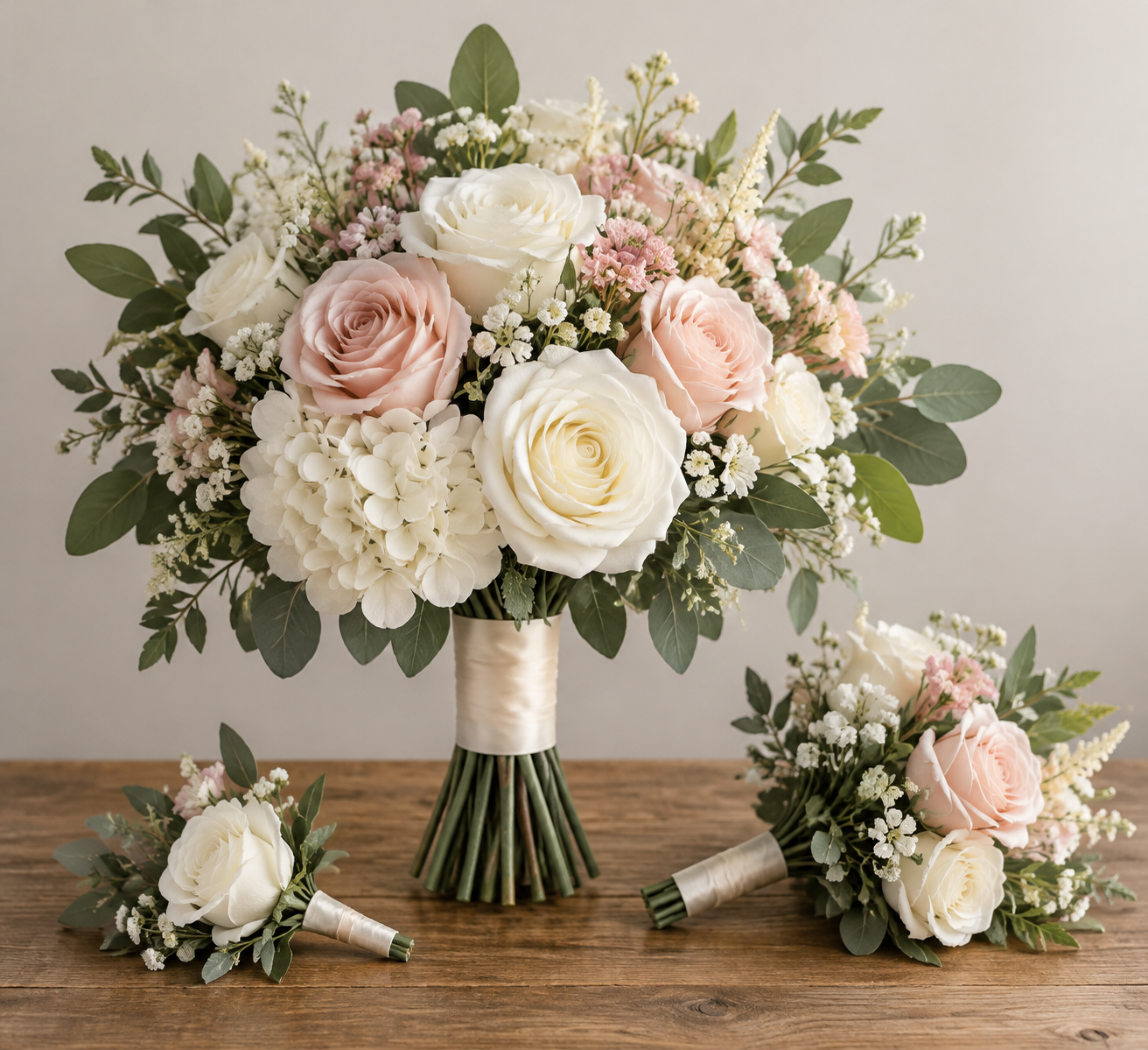 Artificial wedding flowers with white and blush bouquets styled on a wooden table