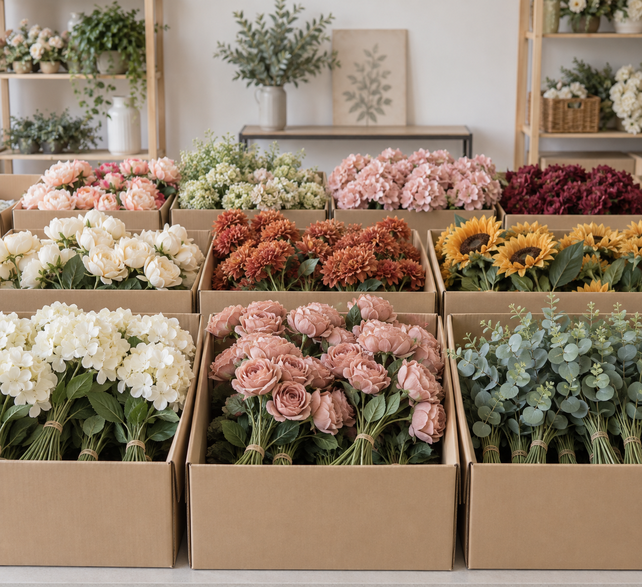 Wholesale bundles of artificial flowers stacked in open kraft boxes in a showroom