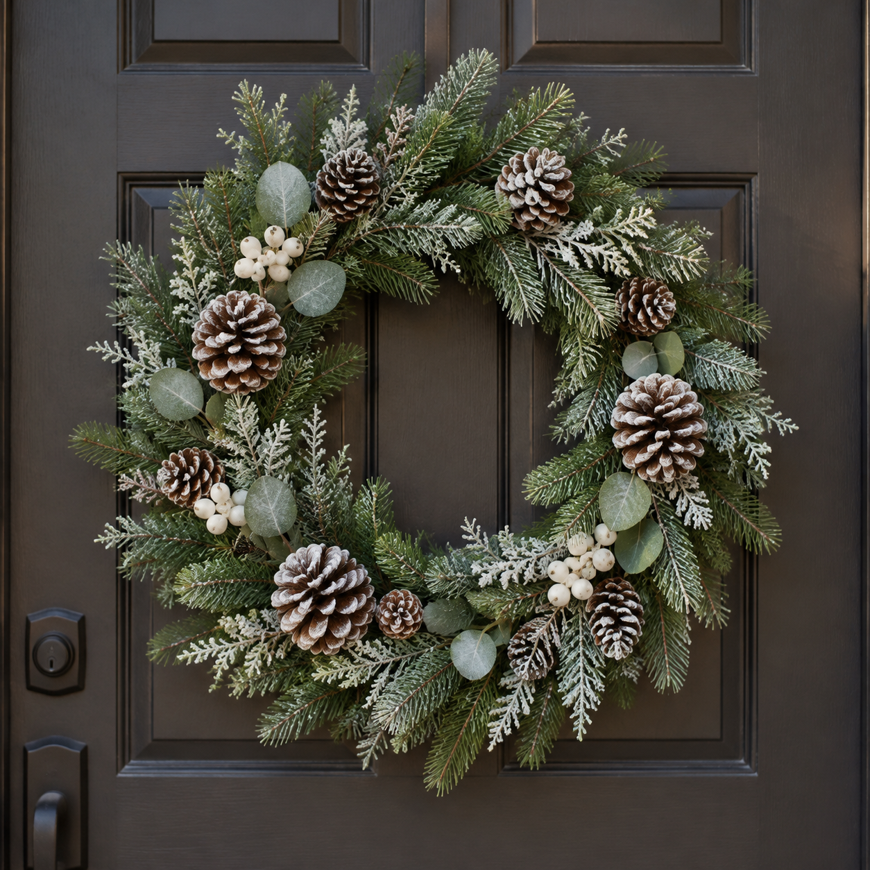 A winter wreath with frosted pinecones and artificial greenery on a dark stained door