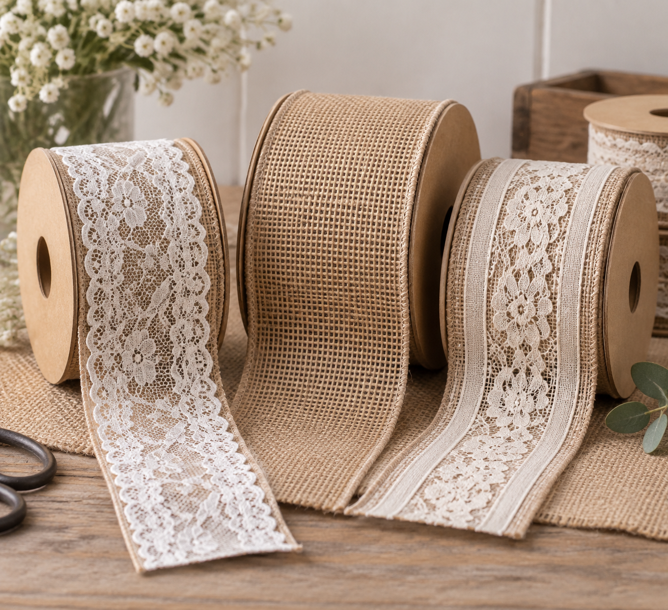Three spools of natural burlap ribbon with white lace trim standing unrolled on a wooden table, with a glass vase of baby's breath, scissors and greenery beside them