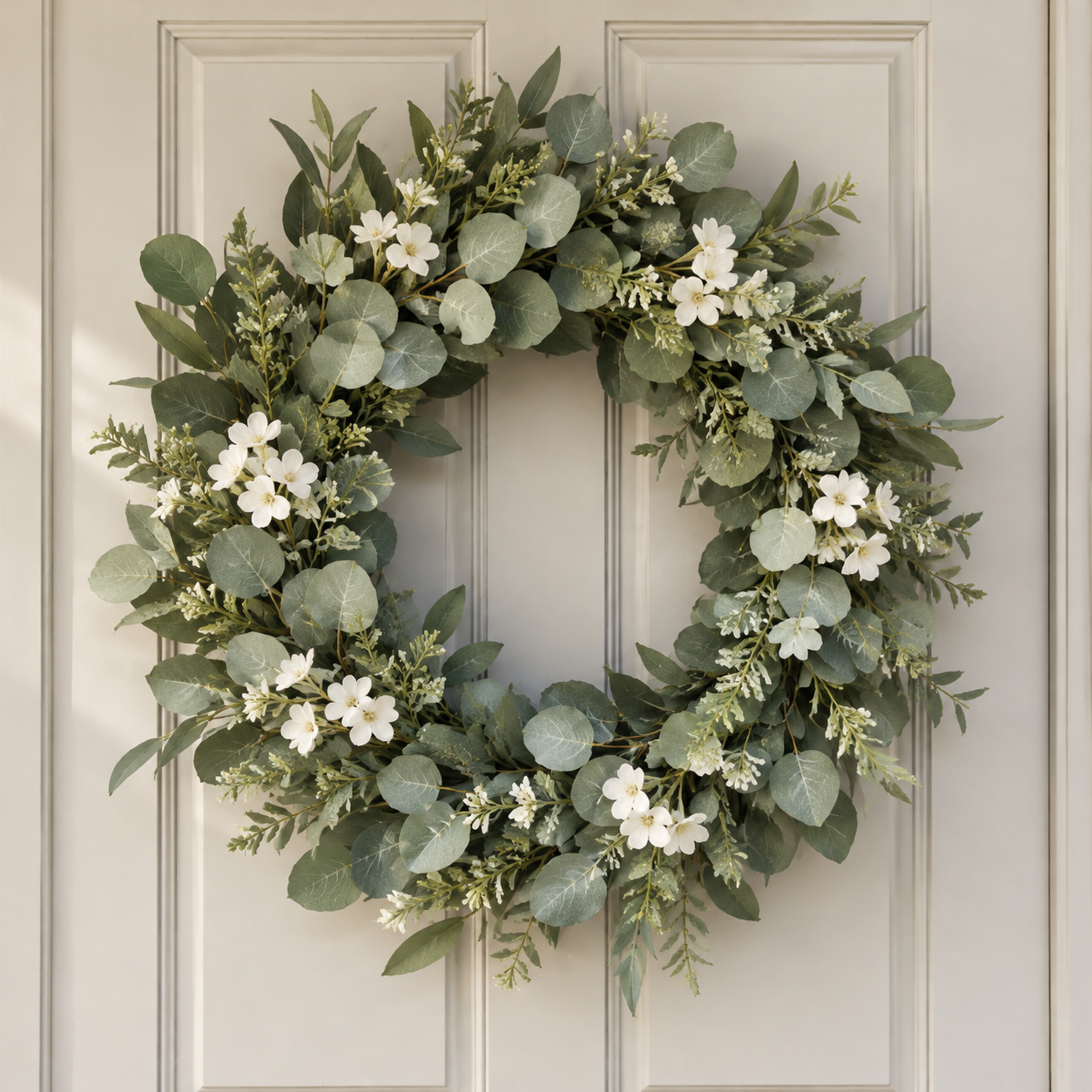 Full evergreen wreath with berries and a burlap bow hanging on the front door panel