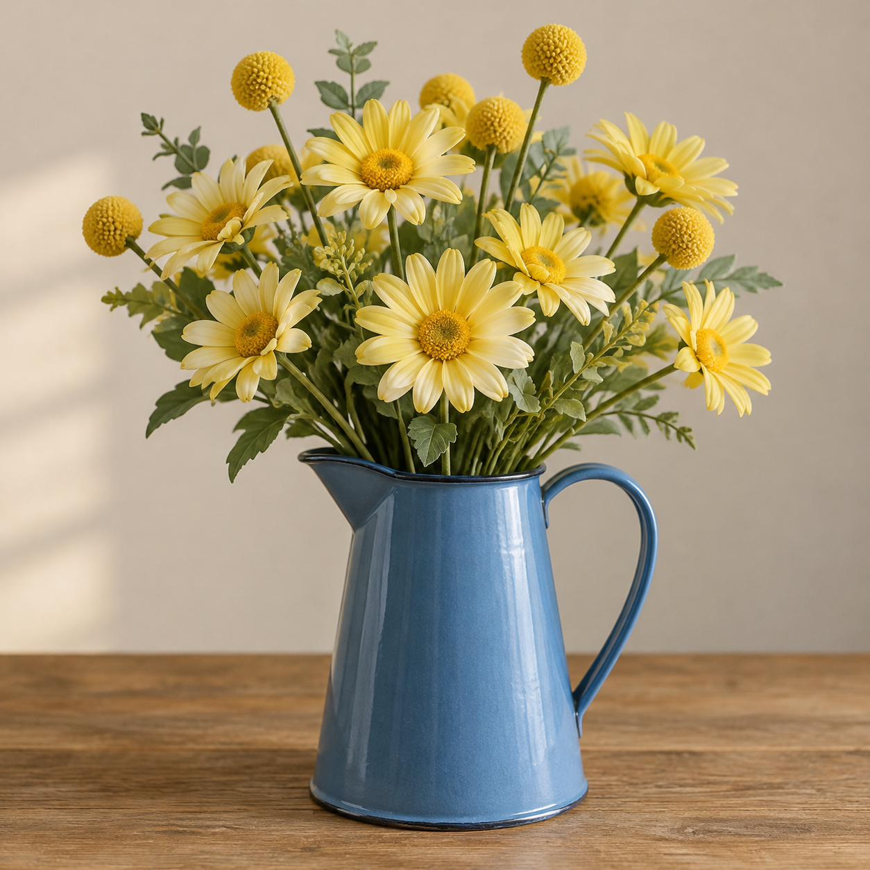 Yellow artificial daisies and craspedia in a blue enamel pitcher
