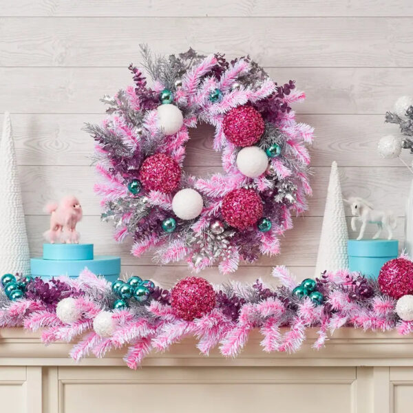 Close-up of greenery along the garland on this The Dream House Garland Ornament Christmas Garland