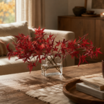 Lifelike Red Japanese Maple Branches in Modern Flat Rectangle Vase Fall Everyday Water Illusion Arrangement