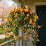 Draping Orange Bougainvillea in Rattan Basket Faux Floral Spring Summer Hanging Basket - Orange