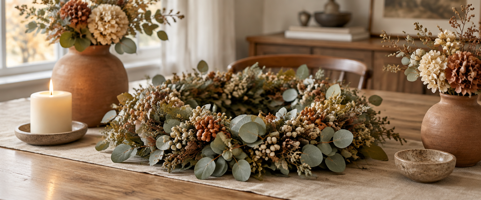 Artificial eucalyptus and berry wreath styled as a fall table centerpiece with terracotta vases of silk flowers