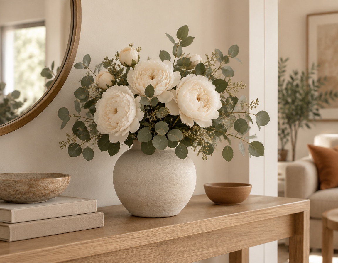 Ready-to-place artificial flower arrangement with white roses in a ceramic vase on a console table