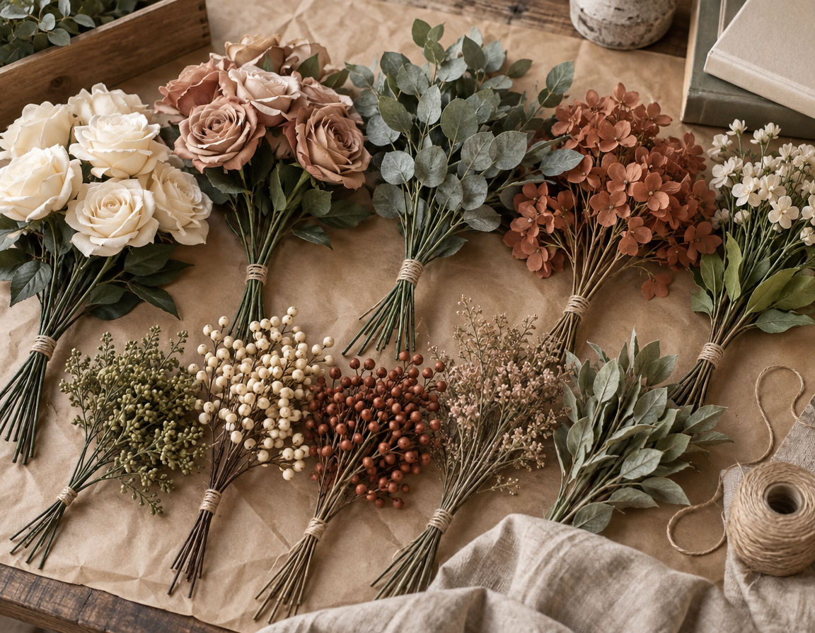 Loose artificial craft flower stems and eucalyptus bundles in a flat lay for DIY arrangements