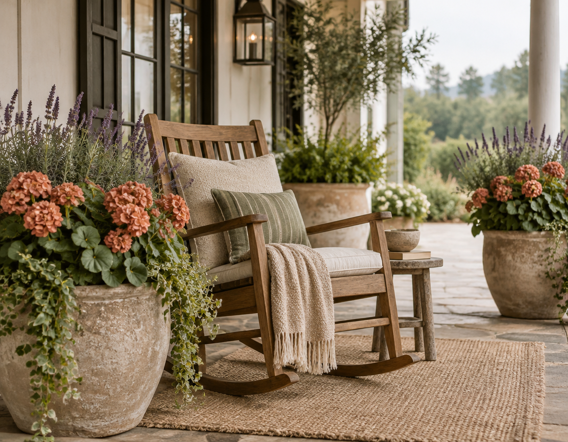 UV-rated artificial geraniums and lavender in stone planters on a covered porch