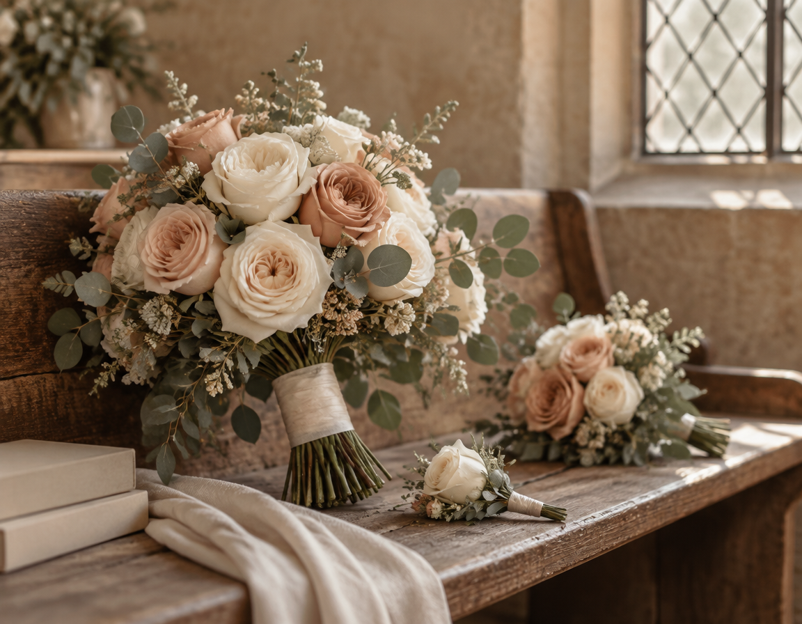Artificial wedding bouquets of cream and blush roses with eucalyptus styled on a wooden pew