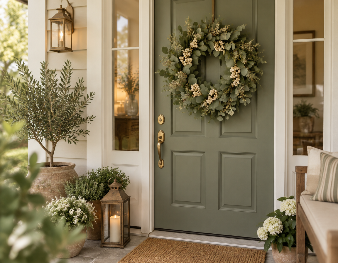 Artificial eucalyptus wreath hanging on a sage green front door
