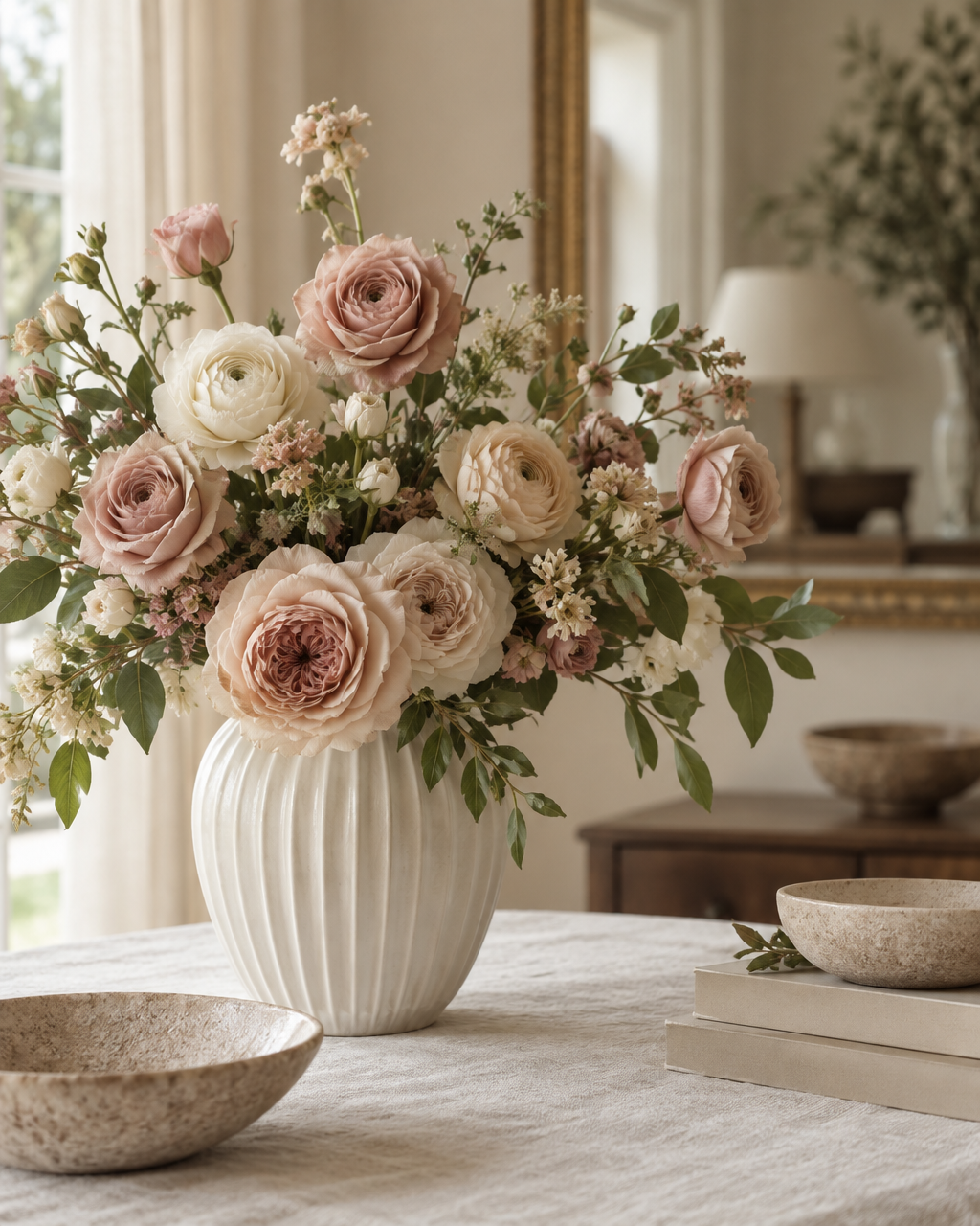 Blush artificial garden roses and ranunculus in a fluted white ceramic vase