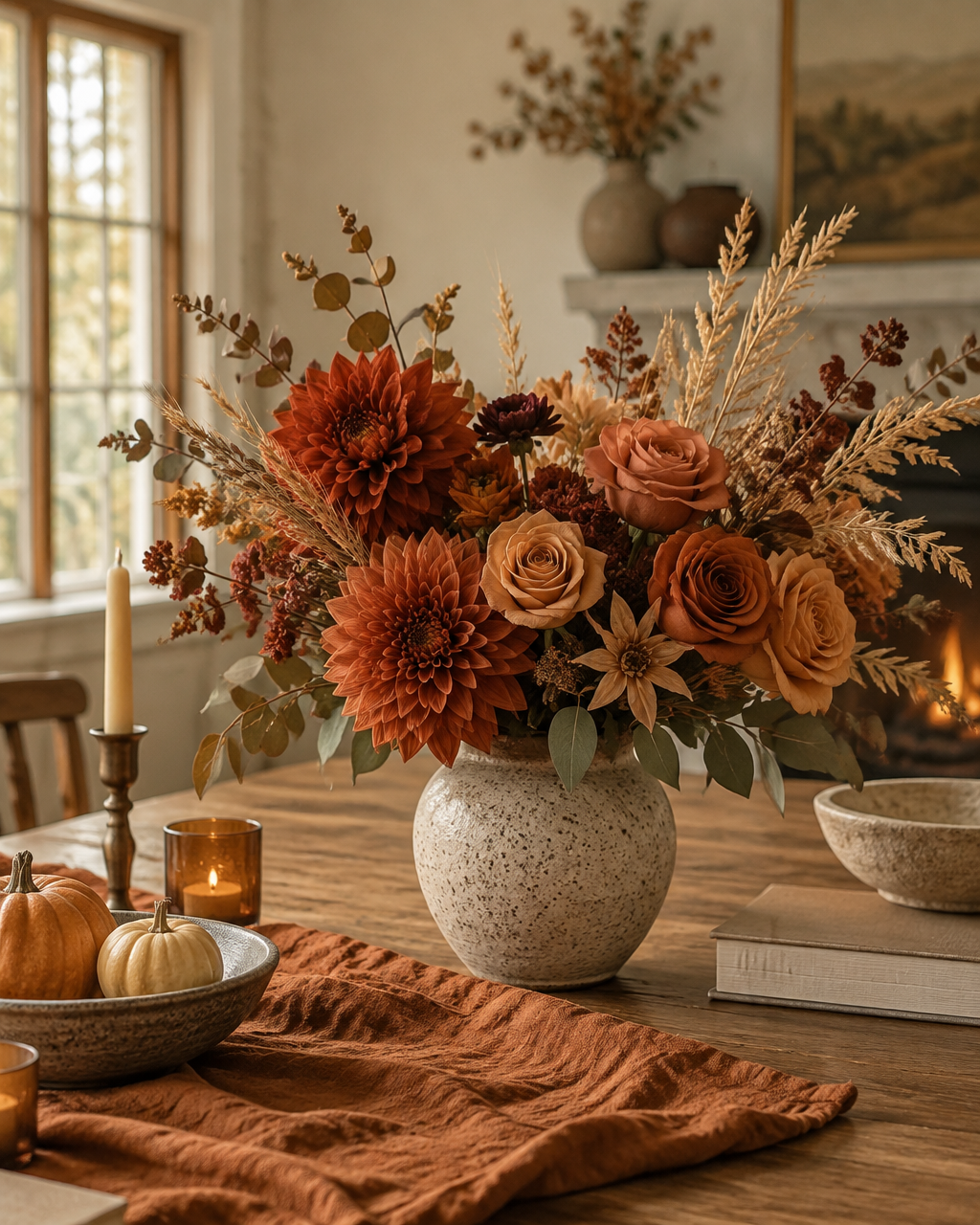 Burnt orange artificial dahlias and roses in terracotta tones for autumn wedding palettes
