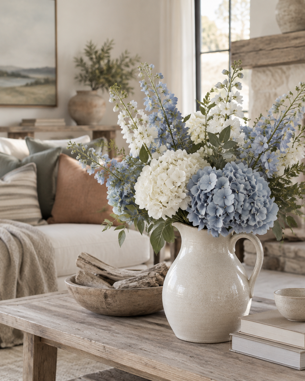 Dusty blue artificial hydrangeas and delphiniums in a speckled ceramic pitcher