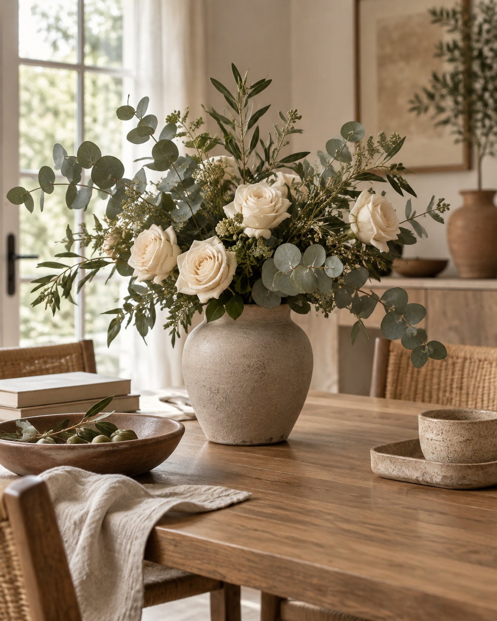 Sage green eucalyptus and white artificial roses in a stoneware vase on a dining table