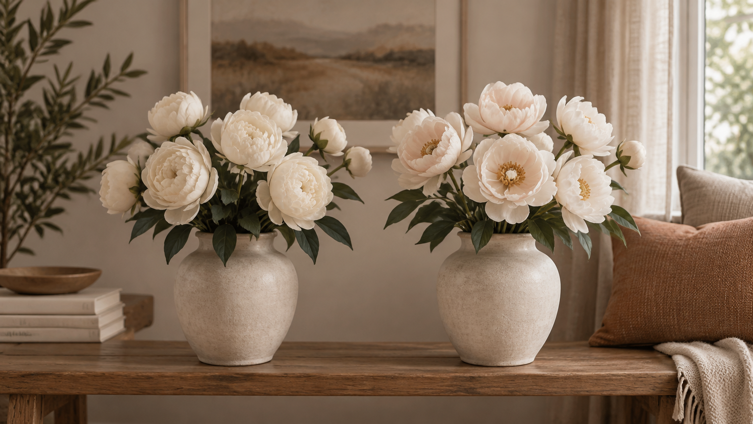 Artificial silk peonies beside fresh cut peonies in matching vases for comparison