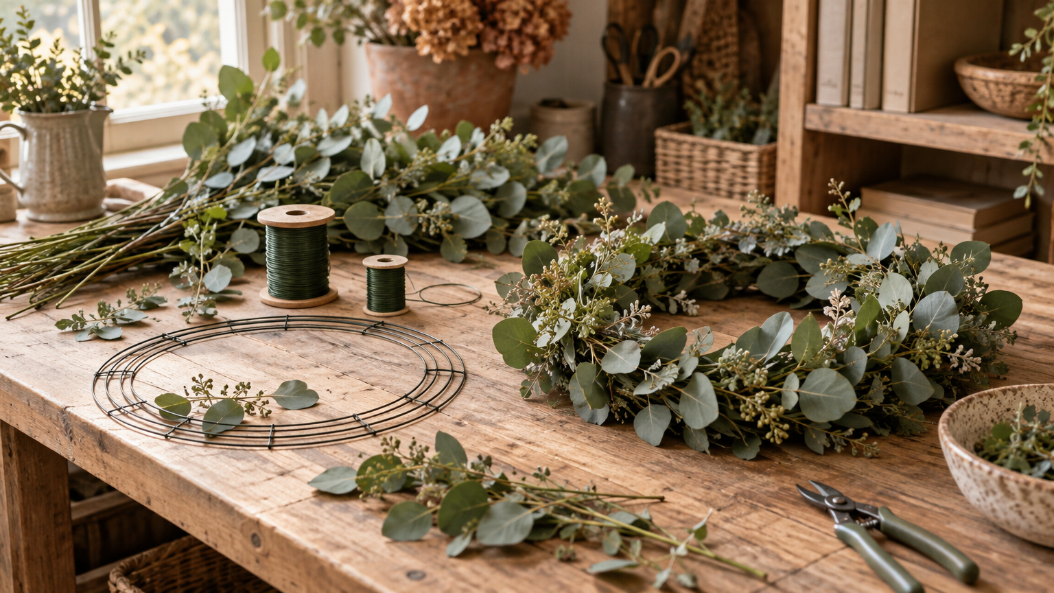 Wreath making workbench with wire frame, eucalyptus stems and floral wire spools
